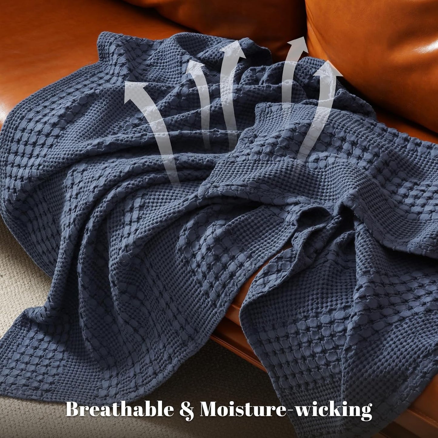 PHF 100% Cotton Waffle Weave Blanket Queen Size for Bed, Soft Lightweight & Breathable, All-Season Comfort, Luxury Aesthetic Woven Bedding for Home Decor, 90"x90", Dark Navy