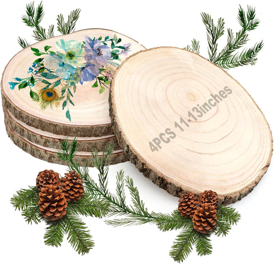 ZOCONE 4 Pcs Large Wood Slices 11-13 Inches Unfinished Rounds, Natural Paulownia Wooden Slices for Centerpieces, Round Wooden Discs Decoration with Bark, Wood Circles for Centerpieces for Painting