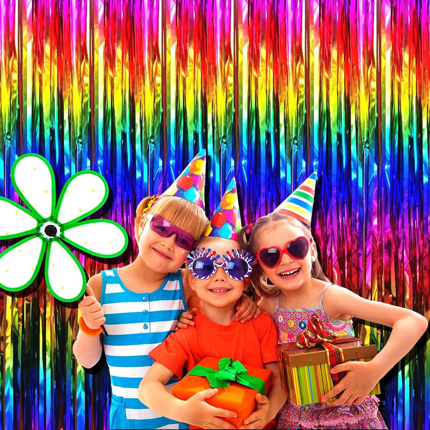 4 Pack Rrainbow Foil Fringe Curtain Backdrop, 3.28Ft x 9.84Ft Colorful Metallic Tinsel Streamers Curtains for Party, Photo Booth Props, Birthday, 2022 Graduation Supplies, One Size