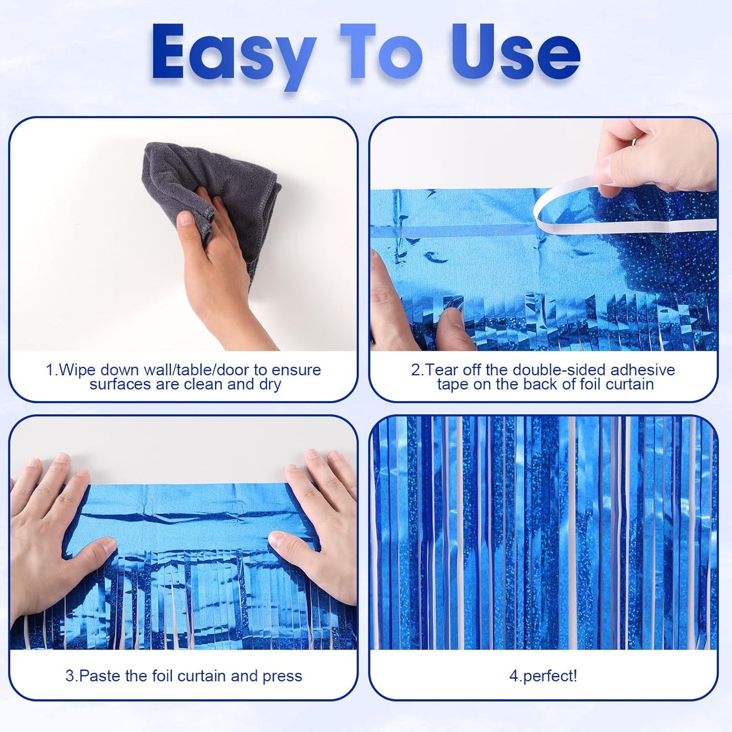 2 Pack Laser Blue Foil Fringe Backdrop Curtains, Tinsel Streamers Birthday Party Decorations, Fringe Backdrop for Graduation, Baby Shower, Gender Reveal, Disco Party