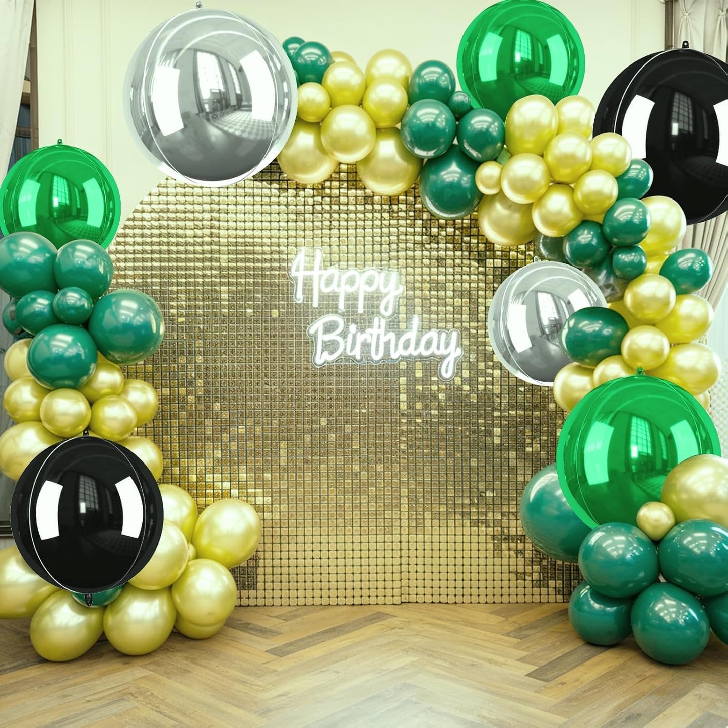 Green Silver Black Giant Foil Balloons, 6 Pcs Large Metallic Green and Black Round Balloons, 22 Inch Big Round Foil Balloon for Birthday Party Baby Shower Graduation Prom Wedding Decorations