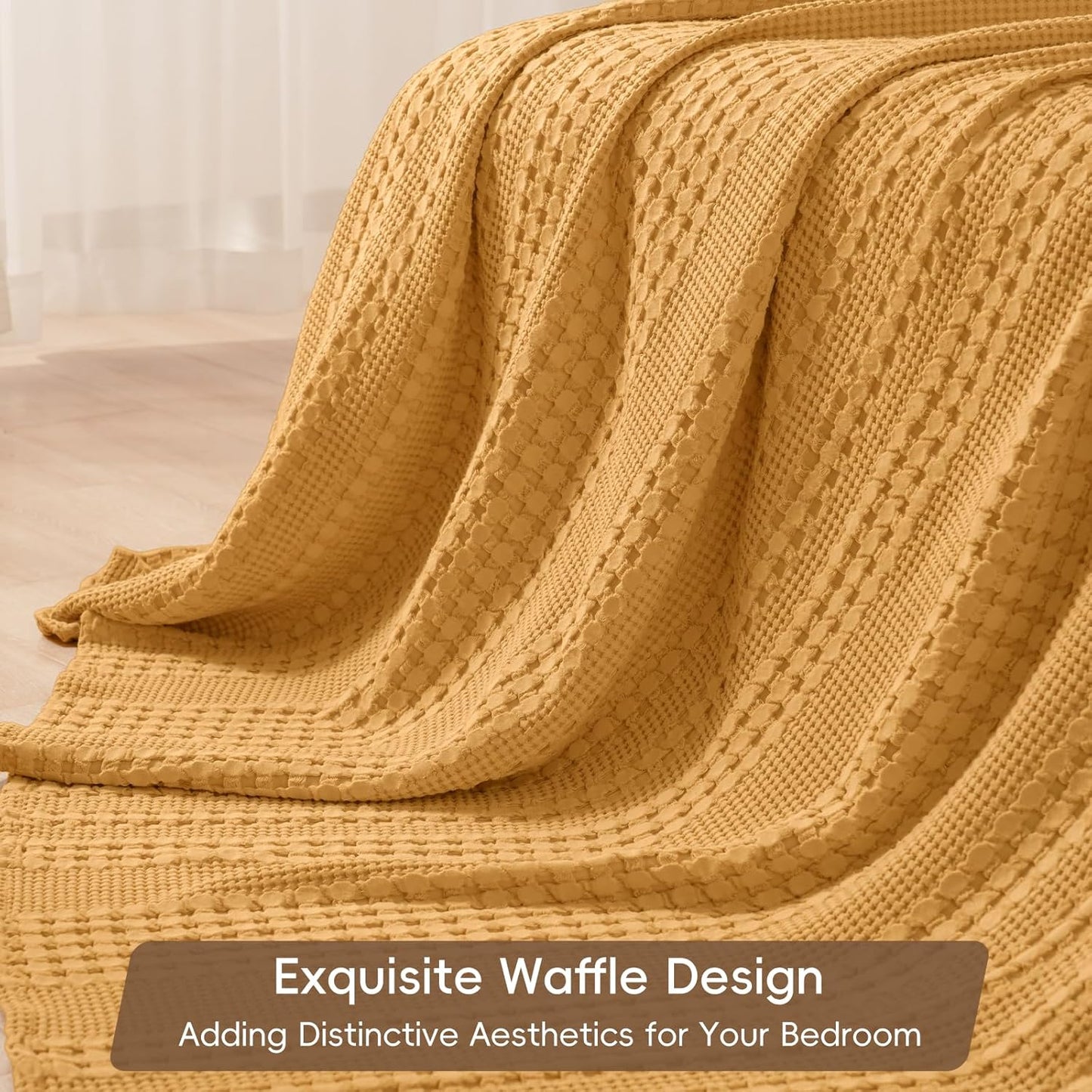 PHF 100% Cotton Waffle Weave Blanket King Size for Bed, Soft Lightweight & Breathable, All-Season Comfort, Luxury Aesthetic Woven Bedding for Home Decor, 108"x90", Ginger/Honey Yellow