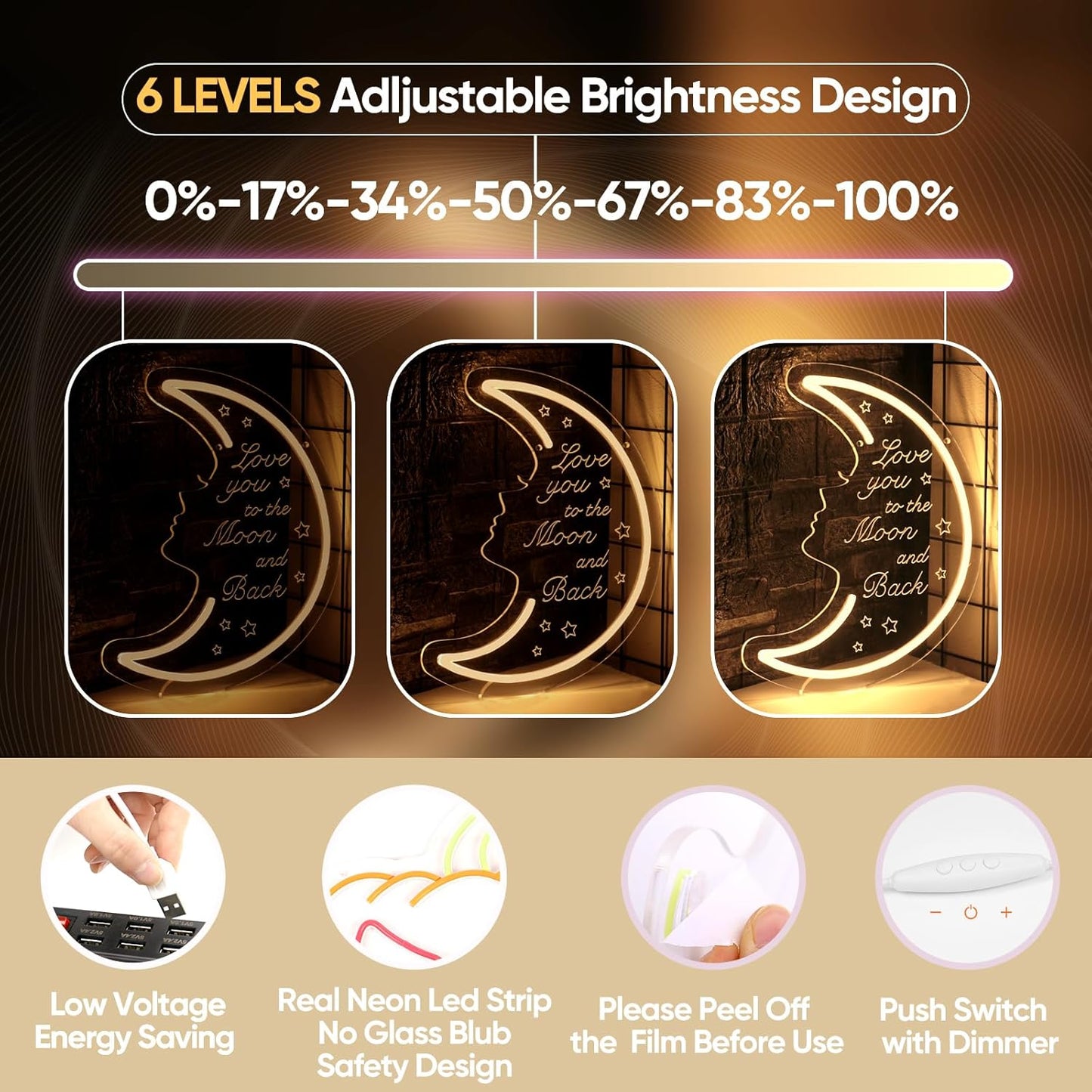 Moon Neon Light Sign for Wall Decor, 5v USB Powered & Dimmable Love You to the Moon and Back LED Light for Girls Kids Bedroom Living Room Home Party Decor