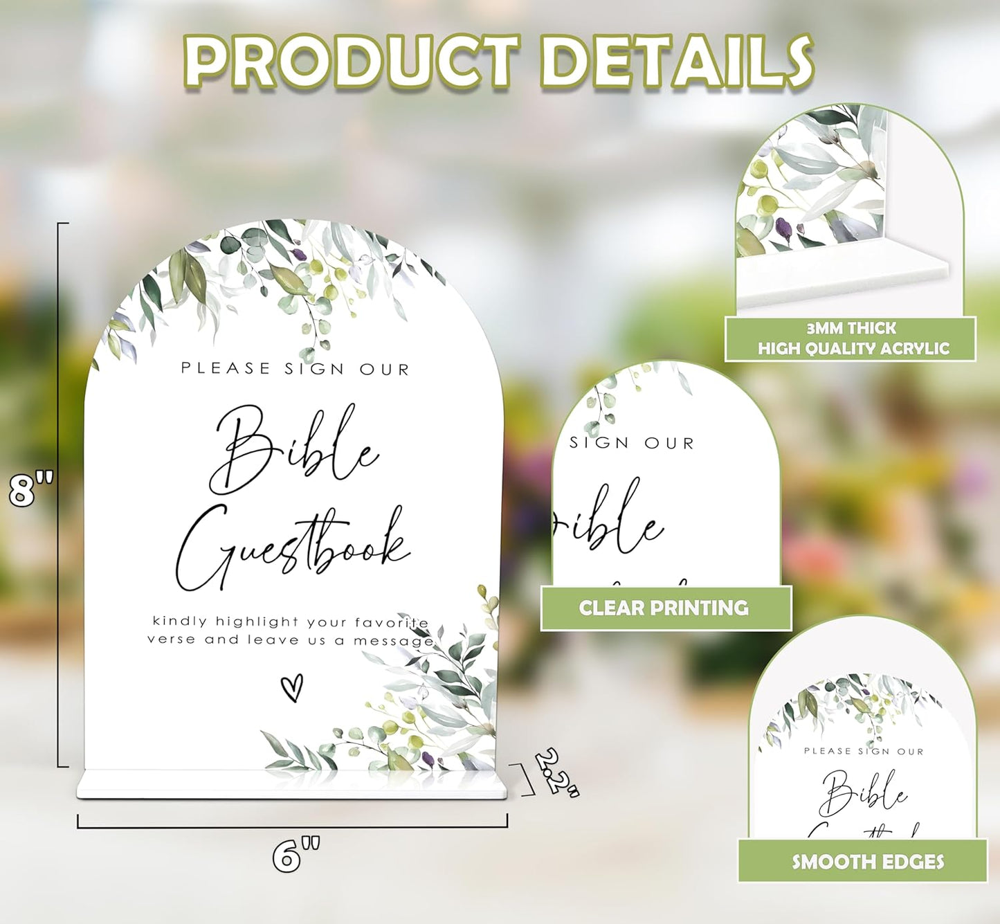 Greenery Bible Guest Book Sign, 6 x 8 Inch White Arch Acrylic Wedding Sign with Holder, Wedding Sign for Ceremony and Reception, Wedding Decoration, Wedding Supplies - LY28