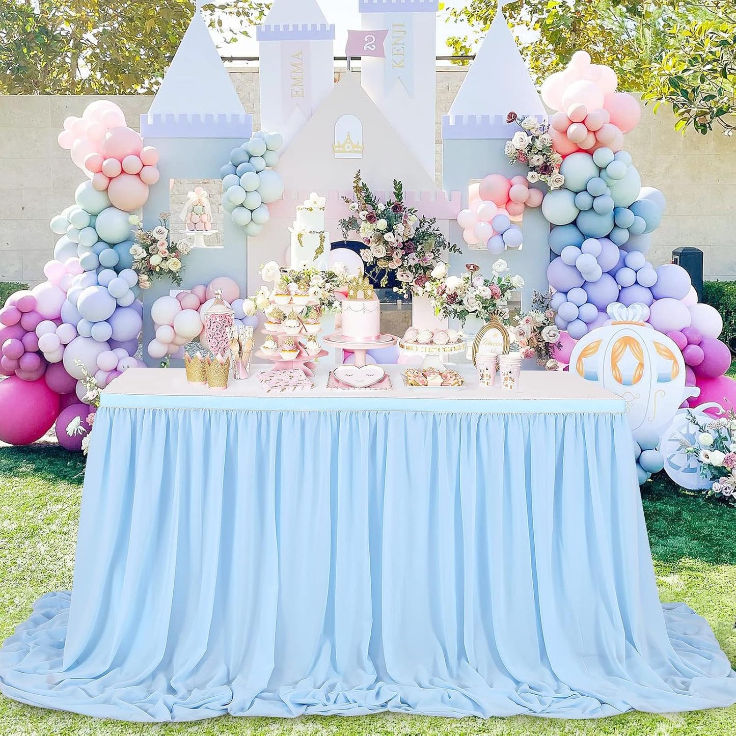 QueenDream 6ft Baby Blue Chiffon Table Skirt for Rectangle Table Sheer Tablecloth for Baby Shower Wedding Birthday Mermaid Theme Party