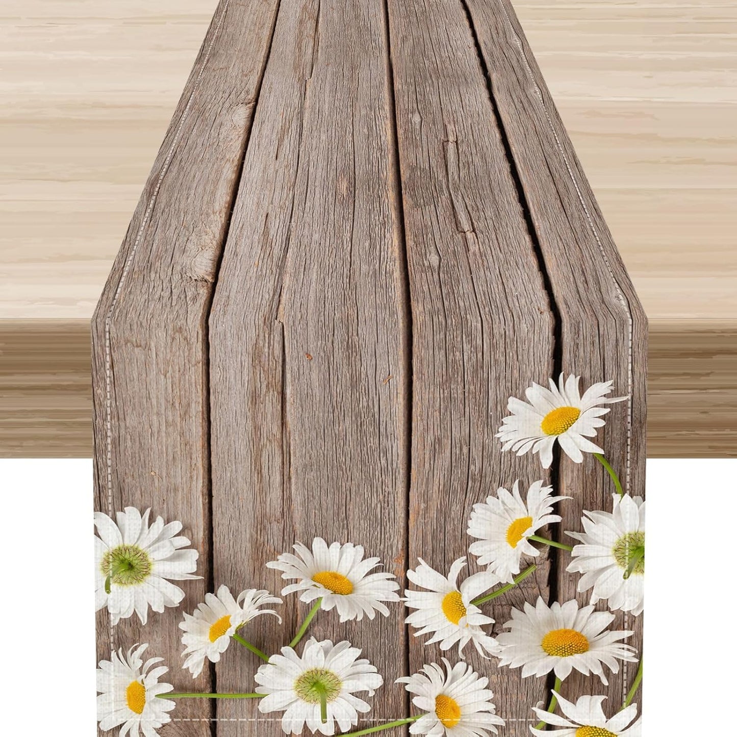 Farmhouse Table Runner, Rustic Wood Plank Spring Daisy Flower Retro Wooden Country Table Center Decor for Home Kitchen Dining Patio Holiday Party Indoor Outdoor Table Decorations, 13"x36" Inch