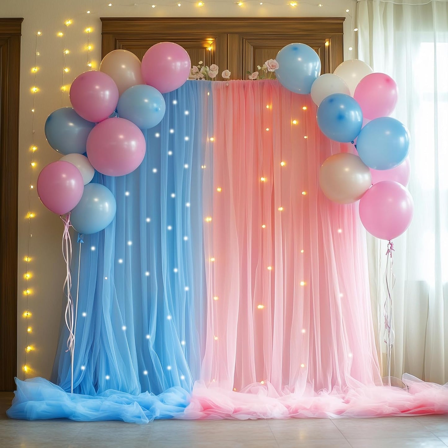 Tulle Backdrop Curtain with Lights String 10FT X 10FT Pink and Blue Sheer Tulle Backdrop Curtains for Wedding Birthday Party Reception Photo Booth Background Decorations (2 Panels 5x10FT)