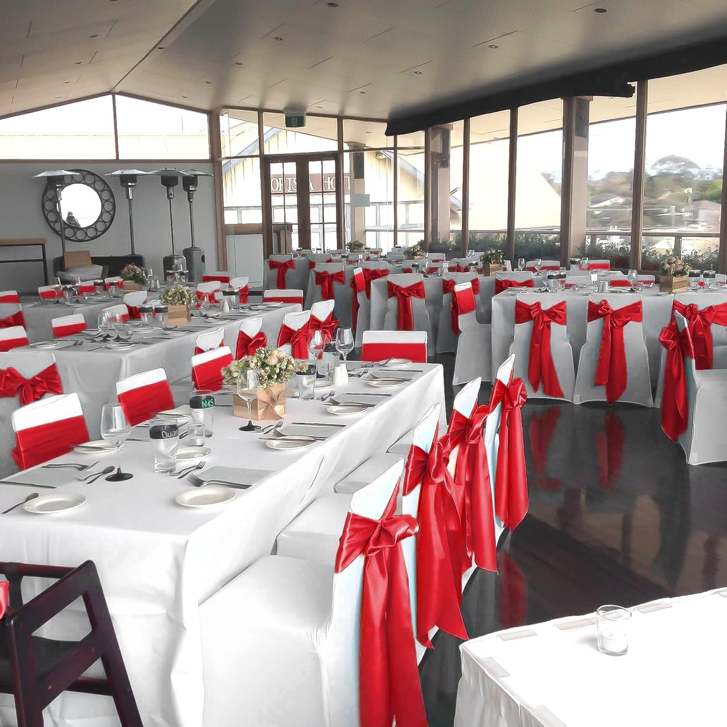 fani 120 PCS Red Satin Chair Sashes Bows Universal Chair Cover for Wedding Reception Restaurant Event Decoration Banquet,Party,Hotel Event Decorations (7 x 108 inch)