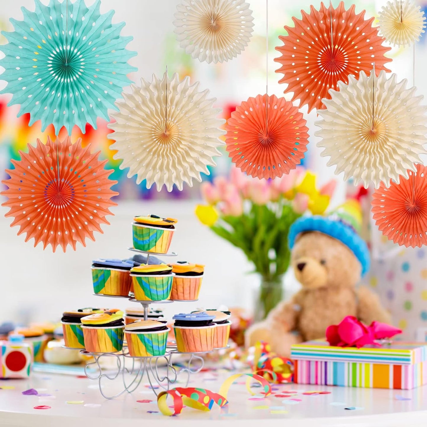 SUNBEAUTY Pack of 11 Hanging Honeycomb Paper Fans Party Decoration Paper Decoration for Birthday Wedding Graduation Events Accessories Mint Peach Cream