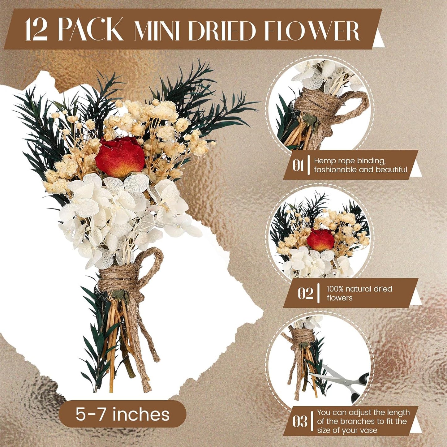 Layhit 12 Pack Boho Dried Flower Bouquet Mini Wedding Handmade Dry Flowers Decor for Vase Crafts DIY Photo Boutonniere for Men Floral Plant for Bridesmaid Gift Birthday Decor