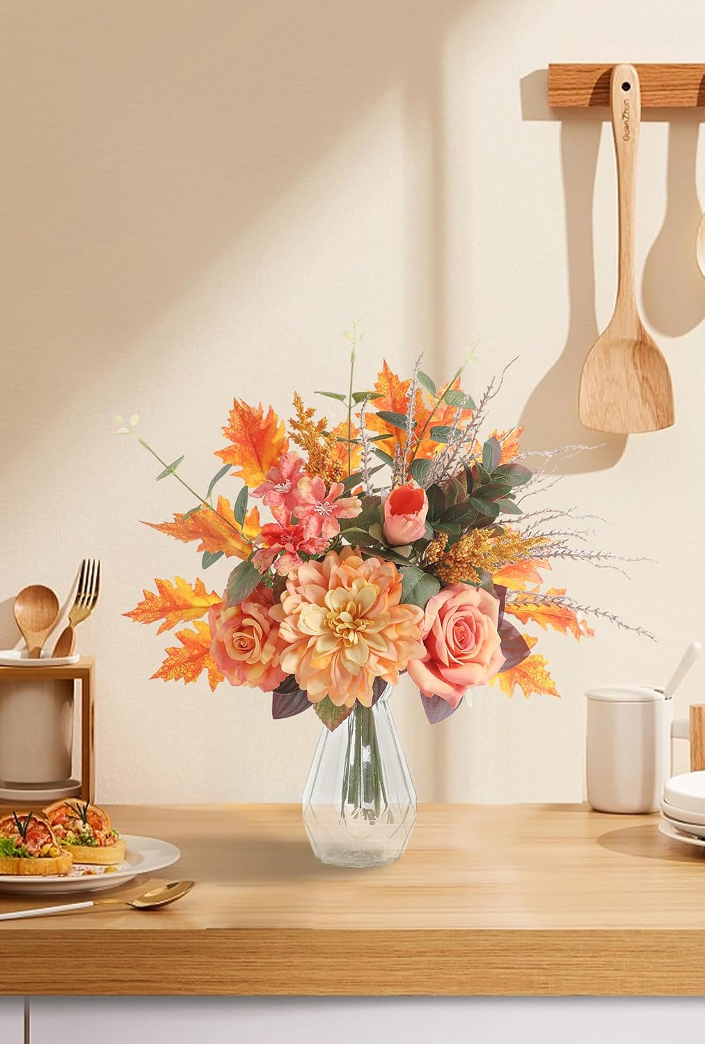 Artificial Flowers with Vase,Orange Silk Roses and Fake Plant Eucalyptus in Vase,Faux Flower Arrangement with Vase Suitable for Home Office Decoration, Living Room and Dining Table Centerpiece