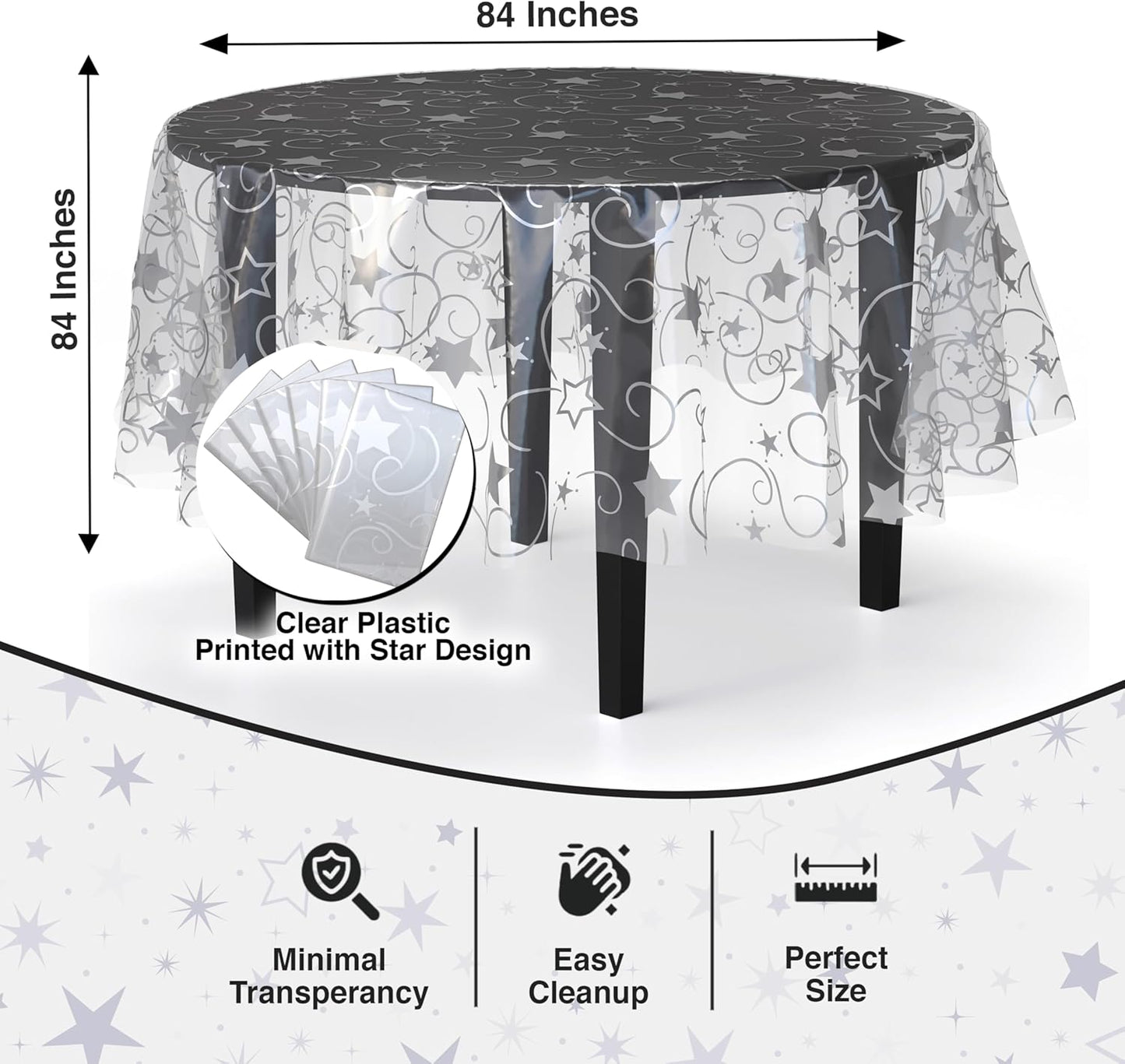 Exquisite Clear Silver Star Tablecloth Plastic 12-Pack Disposable Round Tablecloths 84" Silver Star Table Cloths Round Table Covers Plastic Tablecloth for Party Decorations