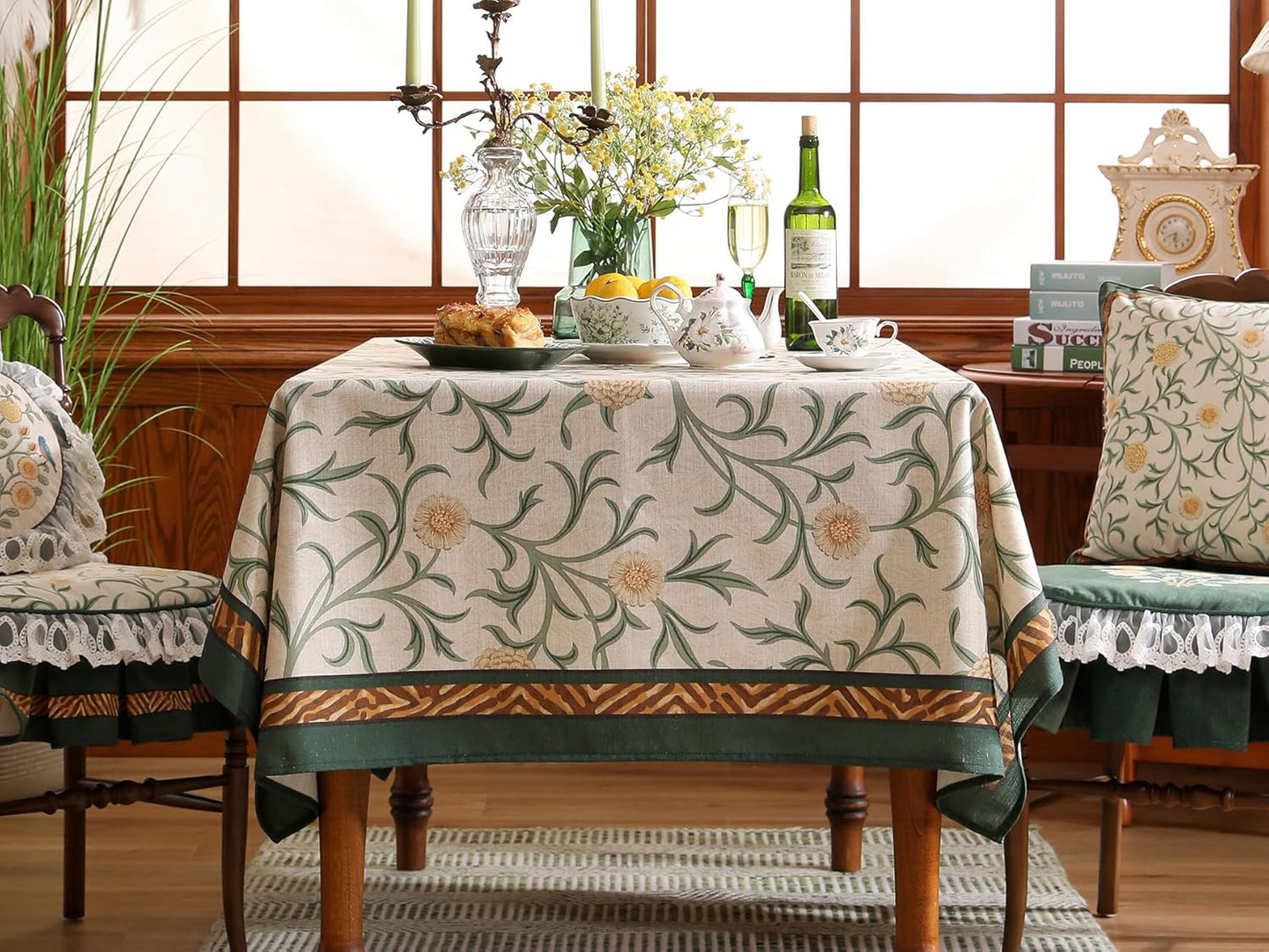 patdrea Designer French Linen Table Cloth for Rectangle Table,Vintage Fall Decorative Tablecloth,Floral Decoration Cover for Kitchen Dining Christmas,Tea Party,Thanksgiving,55"x87"-Littledaisy