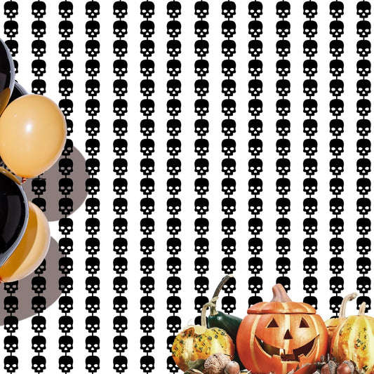 CANREVEL 2 Pack 3.2x6.5 Feet Halloween Foil Fringe Backdrop Curtains, Black Skull Tinsel Streamers Party Decorations, Fringe Backdrop for Wall Door Indoor Outdoor Decorations
