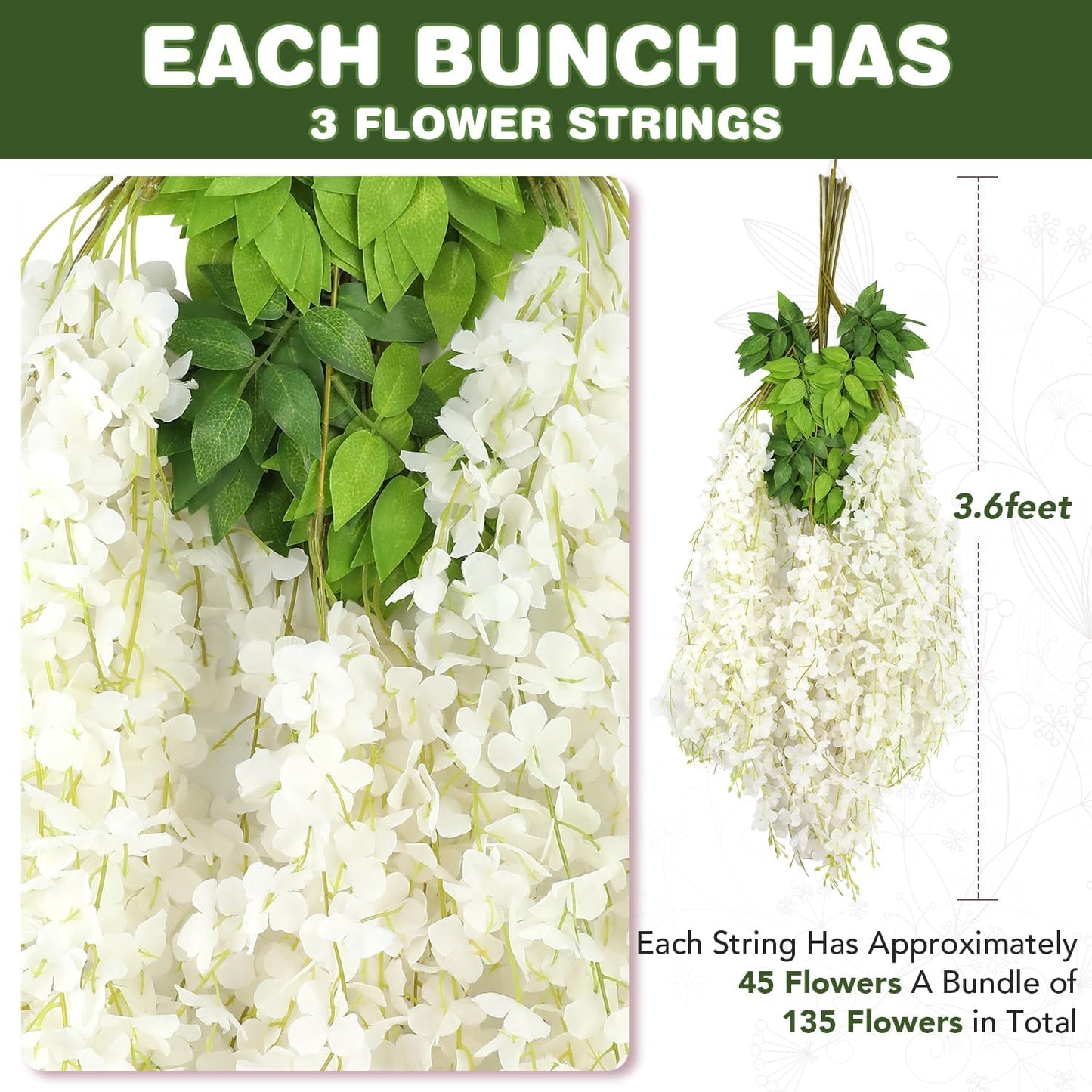 Wisteria Hanging Flowers,Fake Hanging Flowers,Wisteria artificiales Garland for Home Wedding Arch Floral Party Garden Ceremony Outdoor Decor,3.6 feet Long(75,White)