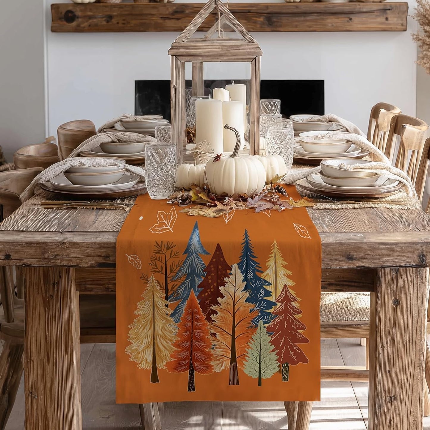 GEEORY Fall Watercolor Trees & Maple Leaves Table Runner 13x72 Inch, Rustic Farmhouse Autumn Thanksgiving Decor for Kitchen, Dining, Indoor/Outdoor Holiday Dinner Party Orange GT158-72