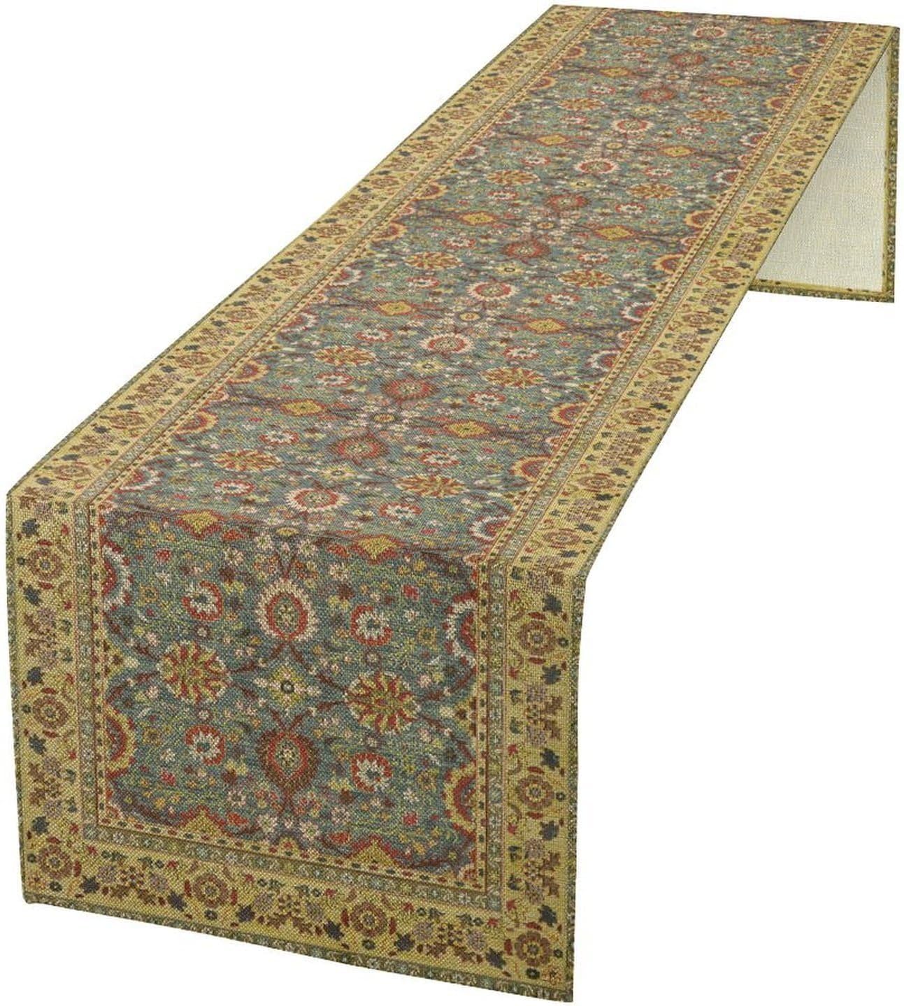 Boho Floral Vintage Beige Blue Table Runner, Retro Flower Rustic Country Farmhouse Abstract Pattern for Home Kitchen Table Decor Dining Coffee Room Party Decor 13x72in