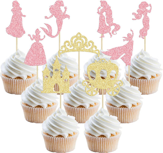 Gyufise 36Pcs Princess Cupcake Toppers Crown Castle Girl Cake Toppers Decorations Birthday Fruits Picks for Princess Girl Babyshower Theme Party Decoration