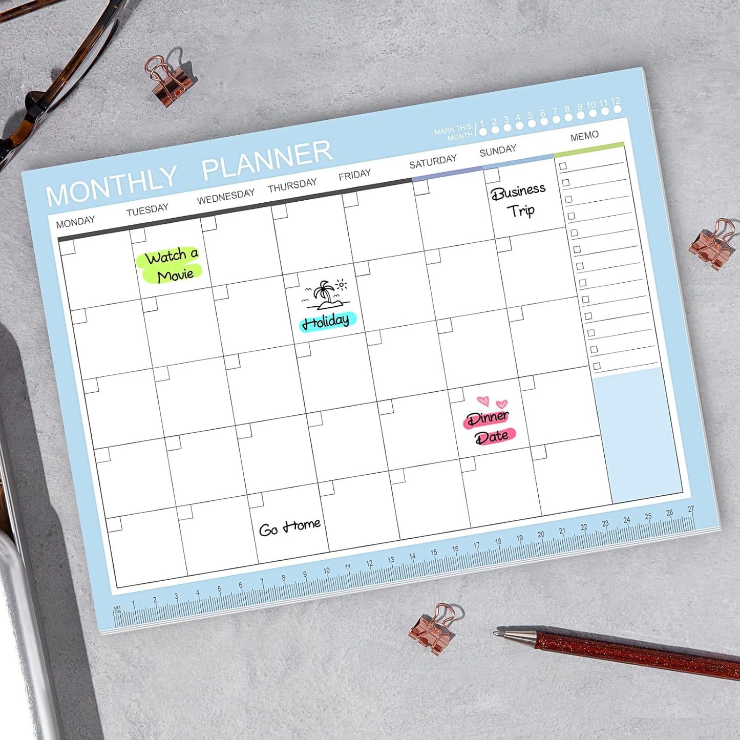 Phyxin Undated Planner, 54 Sheets Blank Calendar, 11.2" x 8.3" Monthly Calendar Planner, Tear Off Undated Monthly Planner with Memo for Women, Students, Teachers, Blue