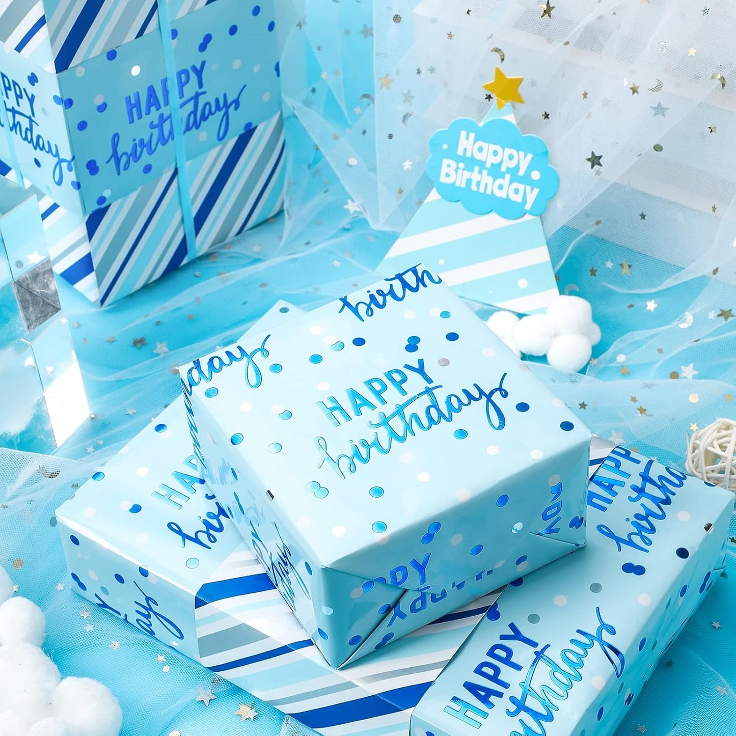 LeZakaa Reversible Blue Birthday Wrapping Paper Roll for Boys Men, Happy Birthday Lettering & Stripe Pattern with Metallic Foil in Blue, 30in x 32.8Ft