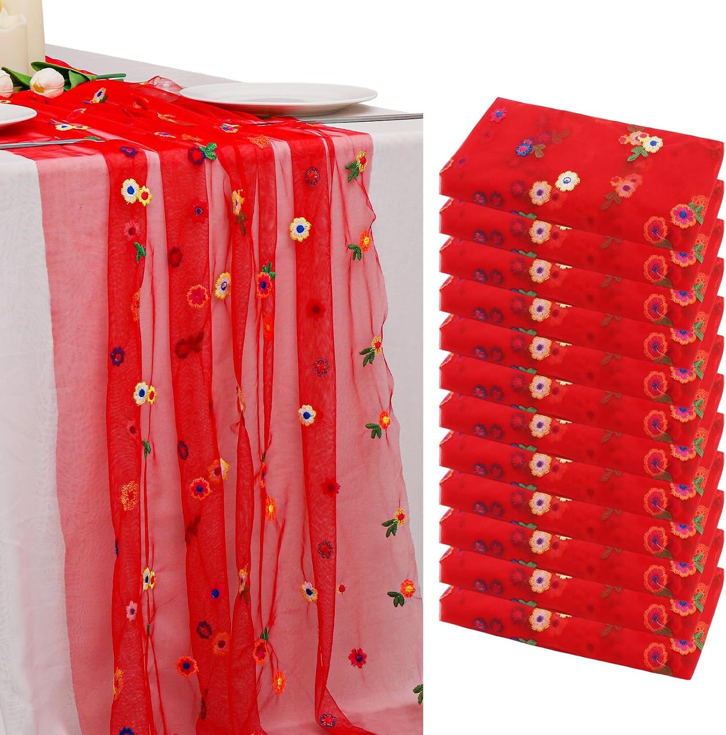 BINBE 12pcs Daisy Fall Table Runner Embroidery Gauze 10FT Florals Seasonal Tulle Holiday Birthday Kitchen Dining Table Decor for Home Party Red