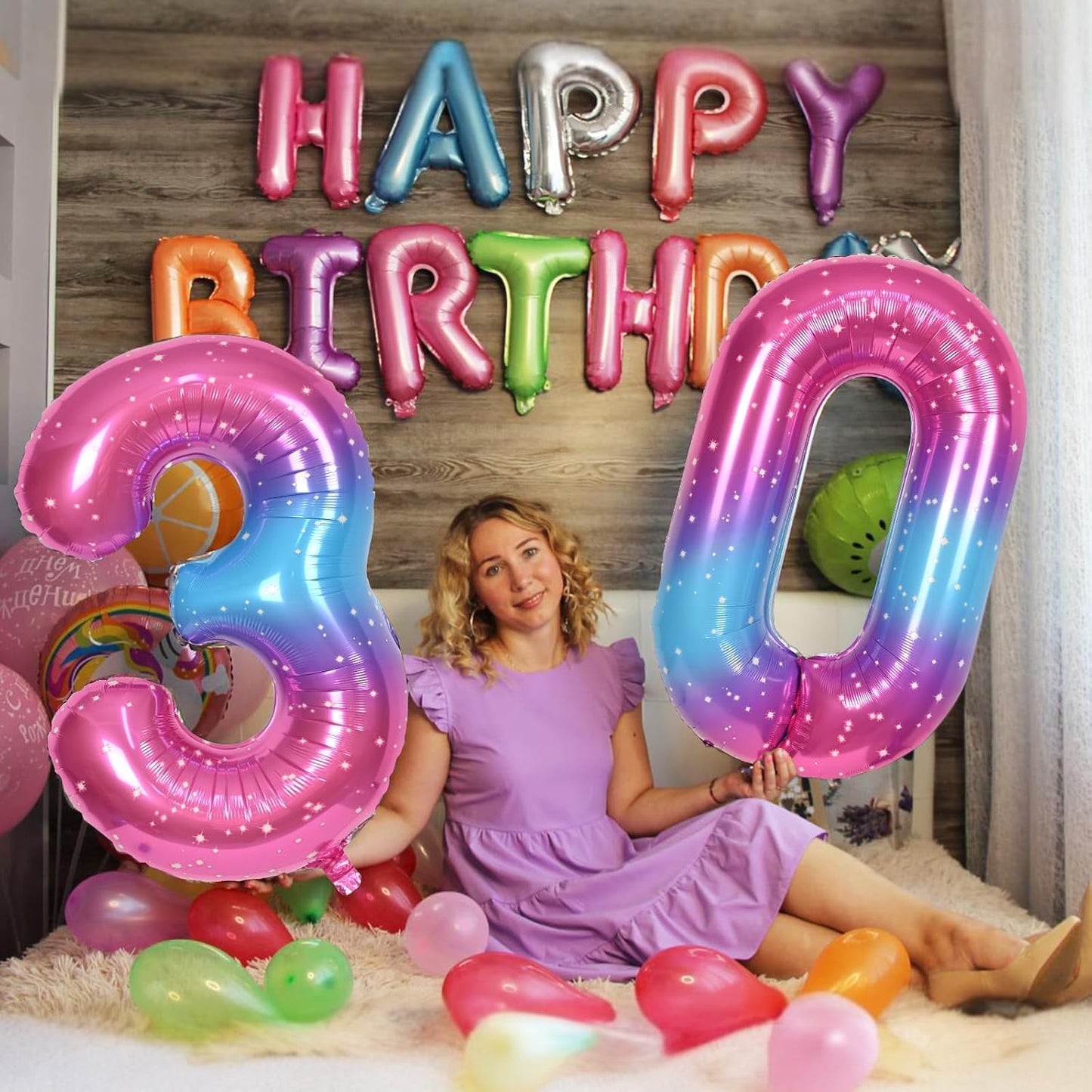 Gradient Rainbow 4 Balloons, 40 Inch Large Blue Pink Purple Foil Number Balloons Set 0-9, Self Inflating Starry Digital 4 Helium Balloon for Girls Women Birthday Anniversary Party Decorations Supplies