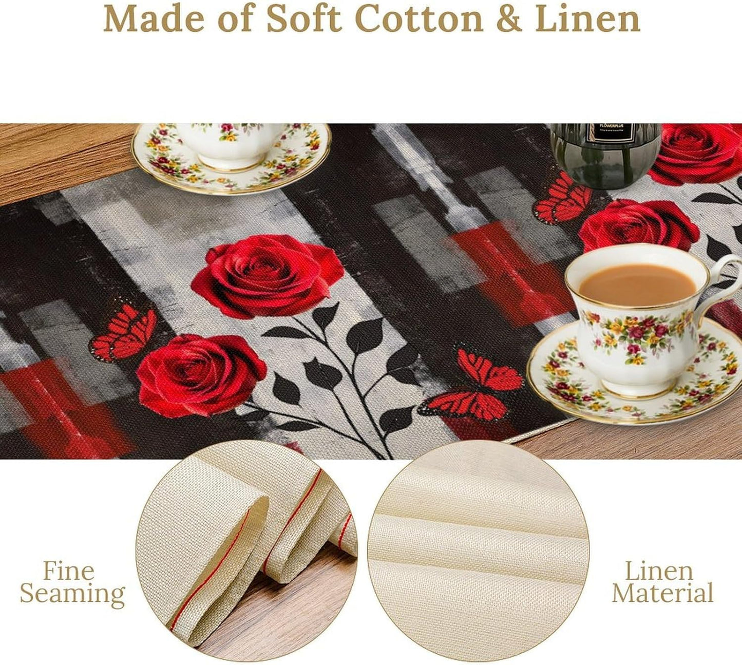 Abstract Art Rose Table Runner, Red Roses Floral Butterfly Black Red Grey Ink Background Pattern Kitchen Dinning Table Runner for Indoor Outdoor Home Wedding Party Holiday, 13x36 Inch