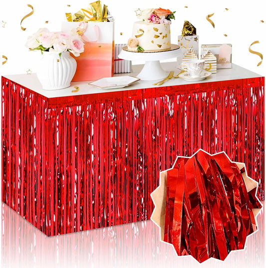 3 Pack 29 x108 Inch Red Foil Fringe Table Skirts Metallic Banner for Tinsel Streamer Garland Backdrop for Parade Floats Mother's Day, Graduate, Birthday, Wedding Party Decoration