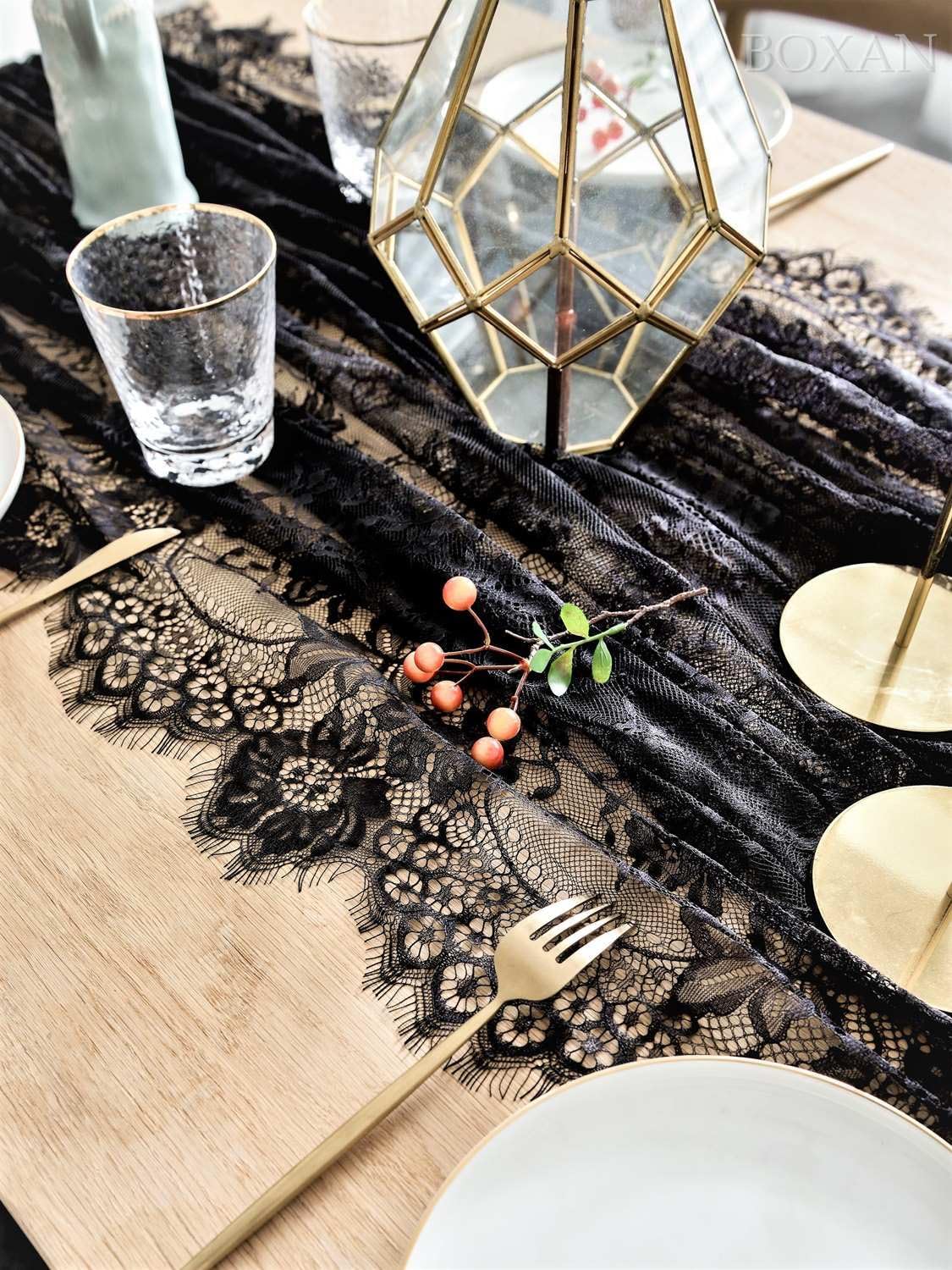 BOXAN Black Lace Tablecloth Overlay Rose Vintage Embroidered, Romantic Boho Wedding Reception Table Decor, Baby & Bridal Shower Décor, Elegant Chic Outdoor Tea Party Tablecover -120" x 60" Rectangular