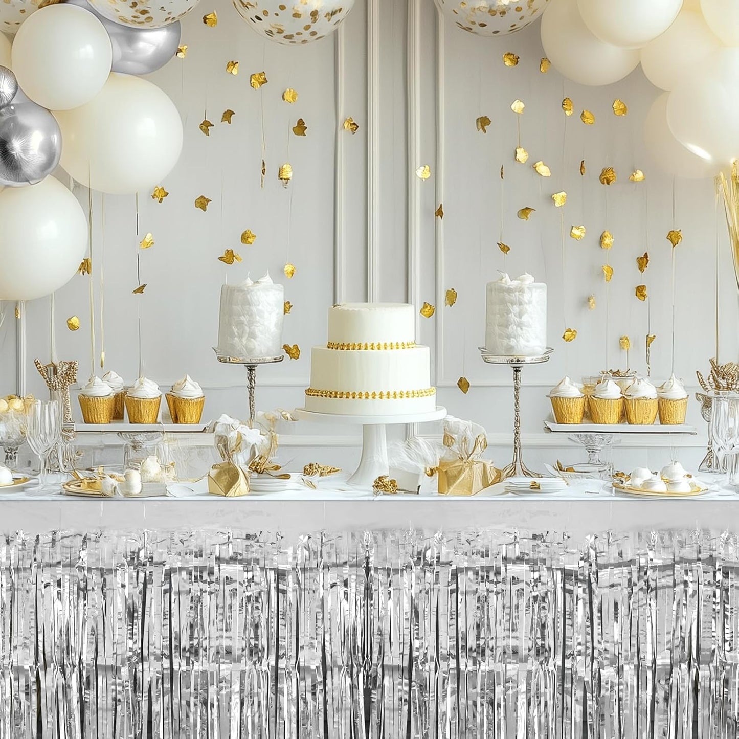 2 Pack Silver Table Skirts, 29x108" Metallic Foil Tinsel Fringe Table Skirts for Rectangle Tables Streamer Curtains Backdrop, Party Decorations for Birthdays Weddings Holidays