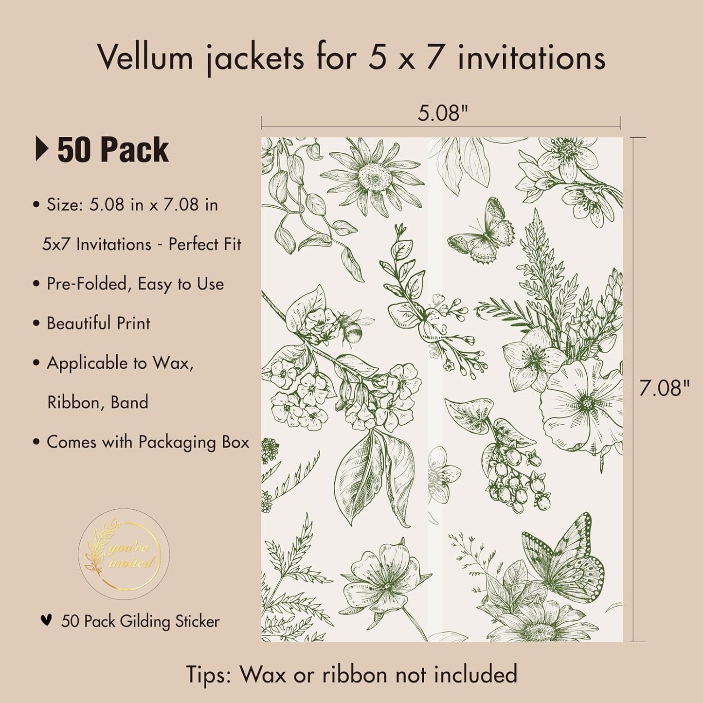 50 Pack Pre-Folded Vellum Jackets for 5x7 Invitations,AZAZA Elegant Translucent Invitation Sleeves,115GSM Vellum Jackets 5x7, Wedding Invitation Accessories, for Weddings Birthdays,Sage Green Toile