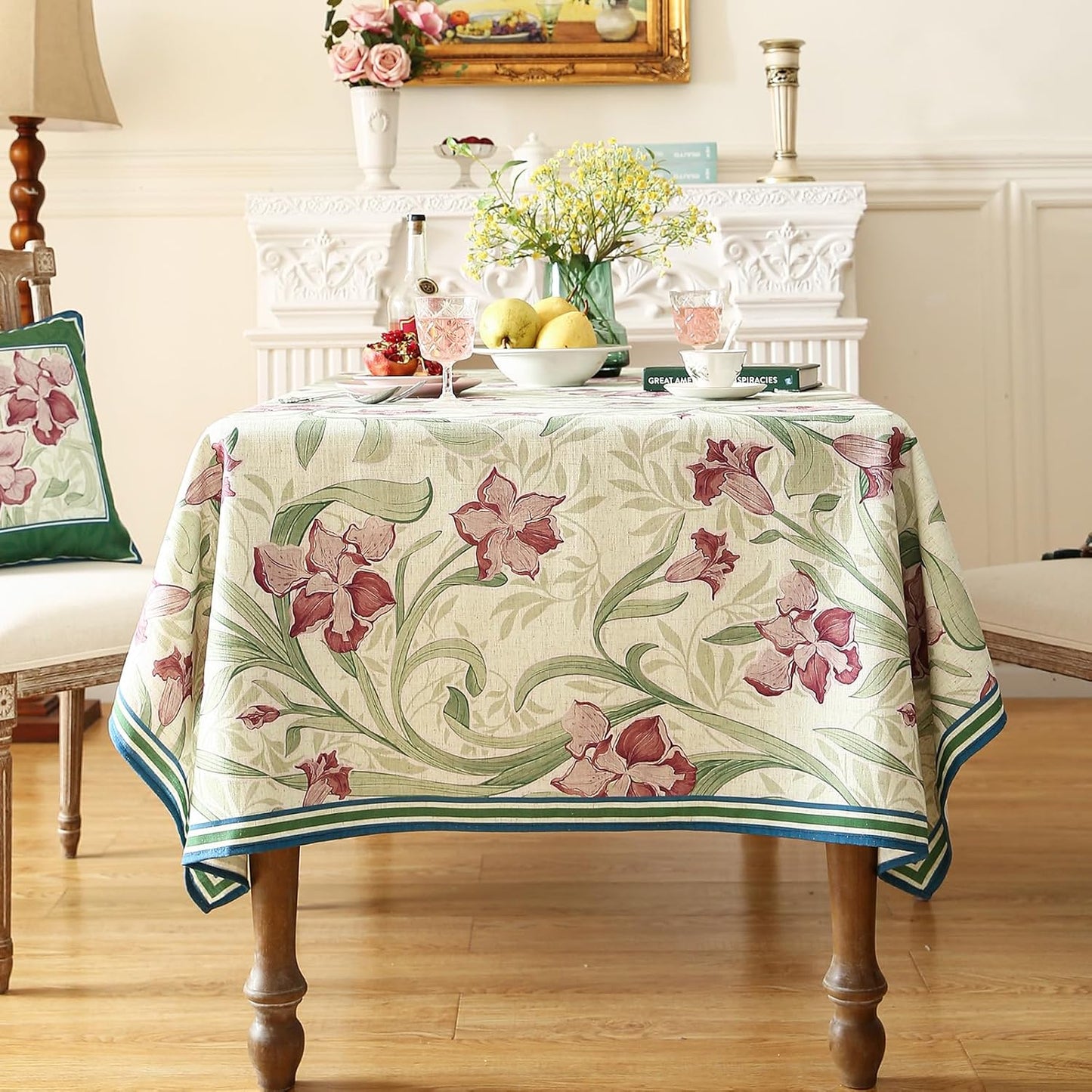 patdrea Designer Green Long Rectangle Tablecloth,Framhouse Vintage French Violets Pattern Elegant Tablecloths,Table Cover Decor for Kitchen Dining Christmas,Party,Thanksgiving,63"x94"-Tara a