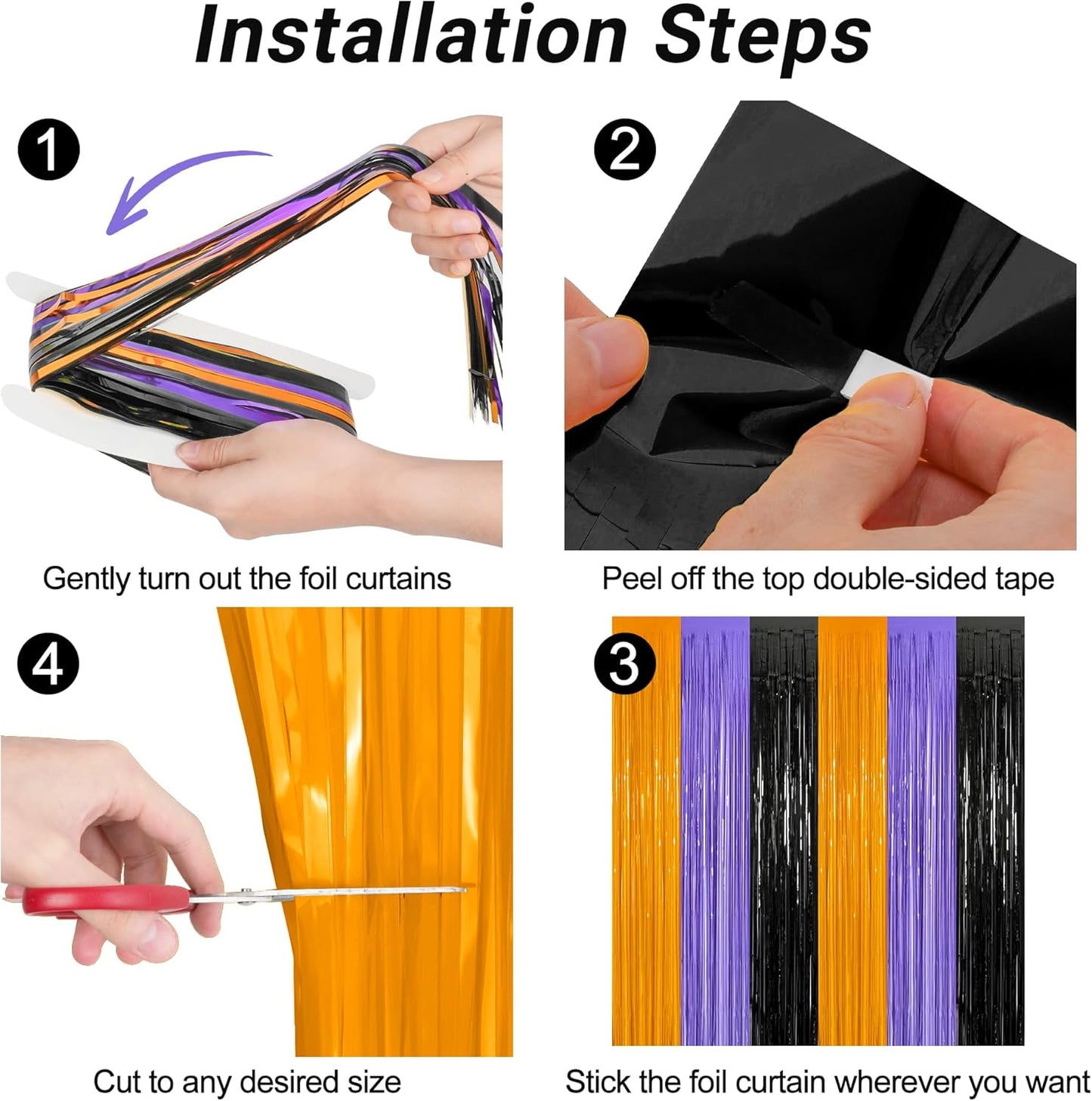 12 Pack Halloween Decor, 3.28 FT x 7.05 FT Orange Purple Black Fringe Curtains, Funny Wall Backdrop Photo Booth Backdrop Party Streamer, Halloween Foil Decorations Photo Booth Props