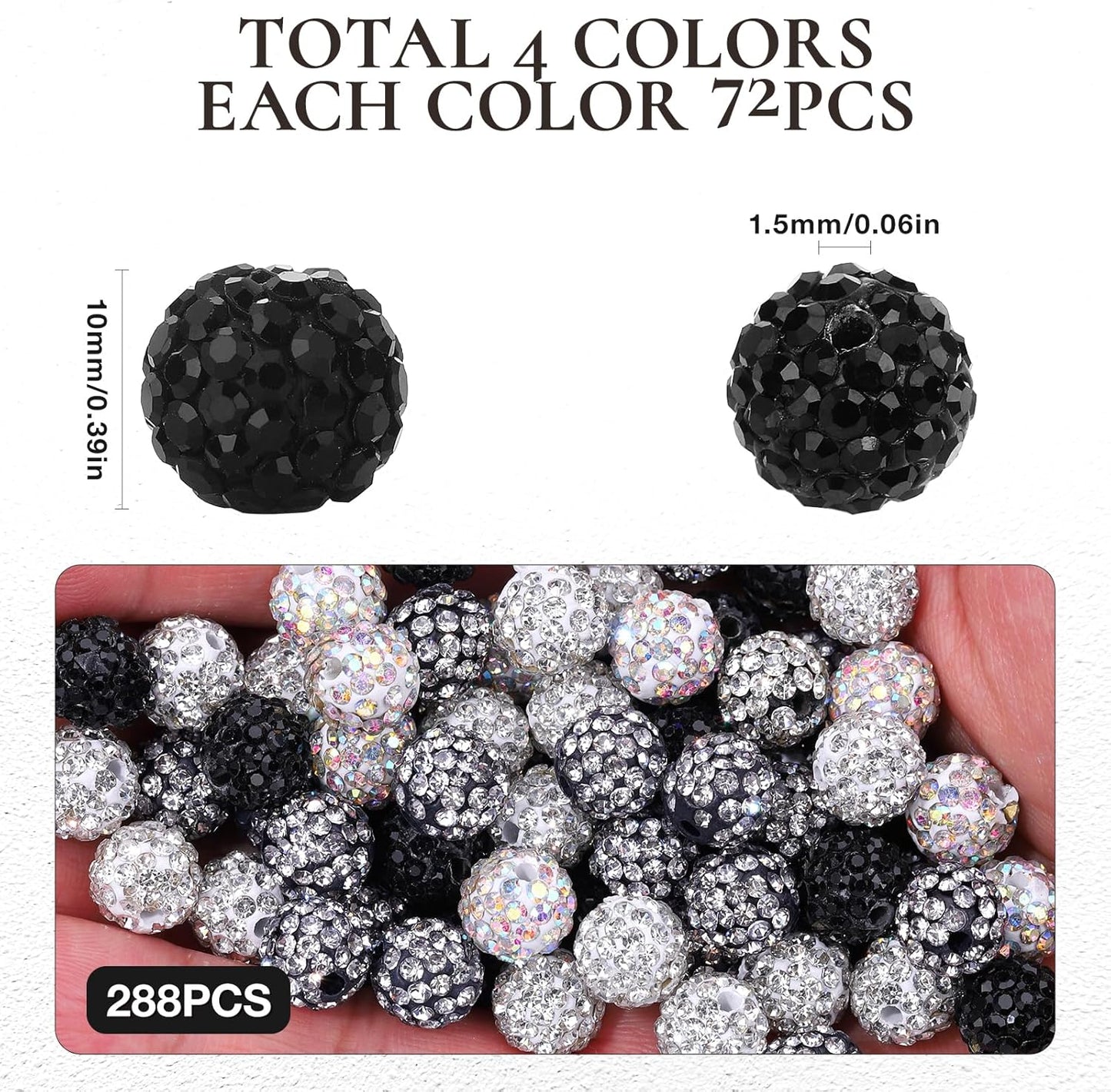 Novani 288pcs 10mm Round Rhinestone Beads for Jewelry Making, Clay Material, Black Color, Sparkle Disco Ball Effect, DIY Bracelet, Necklace, Earring, Christmas Decoration