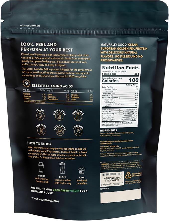 Nuzest - Pea Protein Powder - Clean Lean Protein, Premium Vegan Plant Based Protein Powder, Dairy Free, Gluten Free, GMO Free Protein Shake, Rich Chocolate, 8.8 oz
