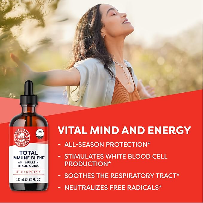 Vimergy Total Immune Blend* Liquid Supplement, 57 Servings Fast-Absorbing Immune Support – All-Season, Zinc, Thyme and Mullein Drops Non-GMO, Vegan, USDA Organic, Immunity Support for Adults (115 mL)