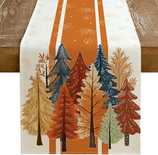GEEORY Fall Watercolor Trees & Maple Leaves Striped Table Runner 13x108 Inch, Rustic Farmhouse Autumn Thanksgiving Decor for Kitchen, Dining, Indoor/Outdoor Holiday Dinner Party Orange GT157-108