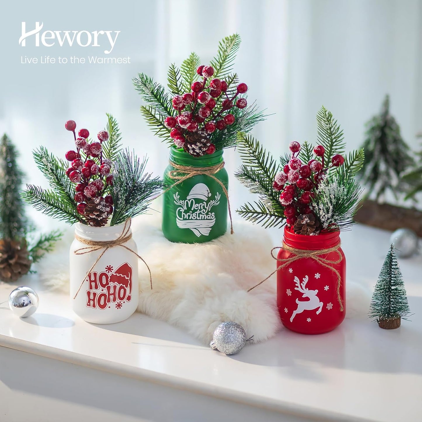 Hewory Christmas Vase for Table Centerpieces: 3 PCS Glass Christmas Mason Jars with Arrangemengts - Delicate Holiday Decor for Mantle Coffee Table Shelves