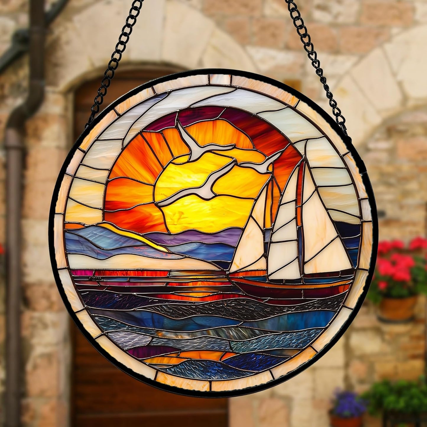 Stained Glass Window Hanging, Sun Ocean Sailboat Seagull Abstract Suncatcher Diamond Glass Panel Sun Catchers Decor for Birthday for Women, Men, Wife, Aunt, and Mom 7.8 in