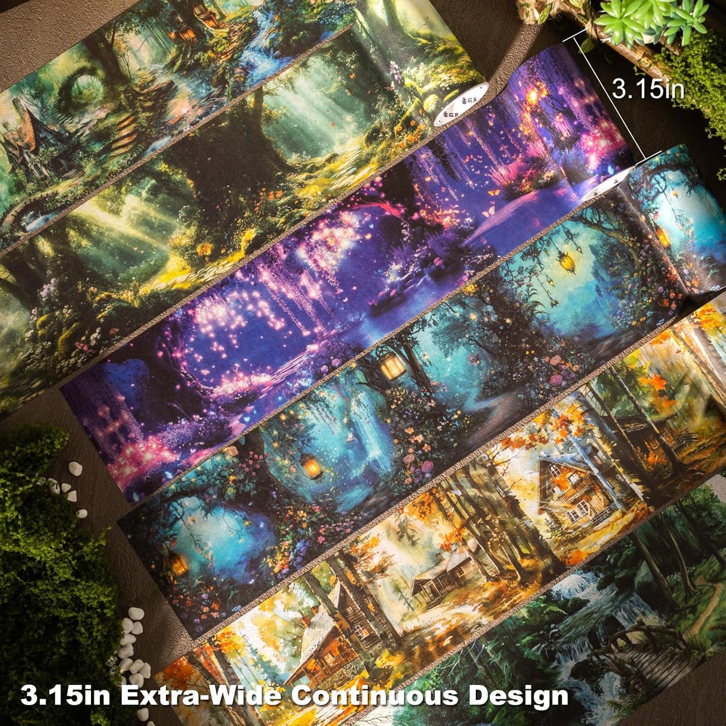 Forest-Themed Seamless Washi Tape Scrapbook Kit – 6 Rolls with Cottage, Waterfall & Fairy Forest Designs for Journaling, DIY Crafts, Gift Wrapping, Card Making and Decoration