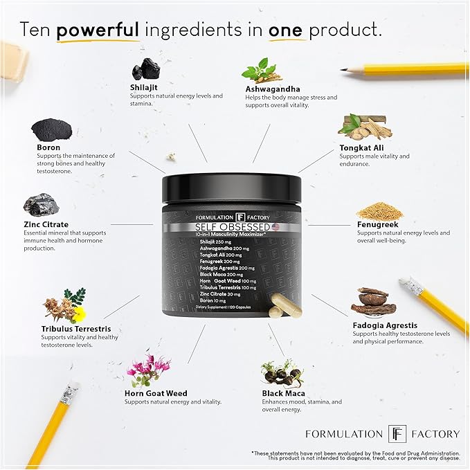 Self Obsessed 10 in 1 Masculinity Maximizer Supplement, Shilajit for Men, Tongkat Ali, Ashwaganda, Fenugreek Muscle Growth, Energy, Drive, Strength, Recovery 2 Month (Pack of 1)