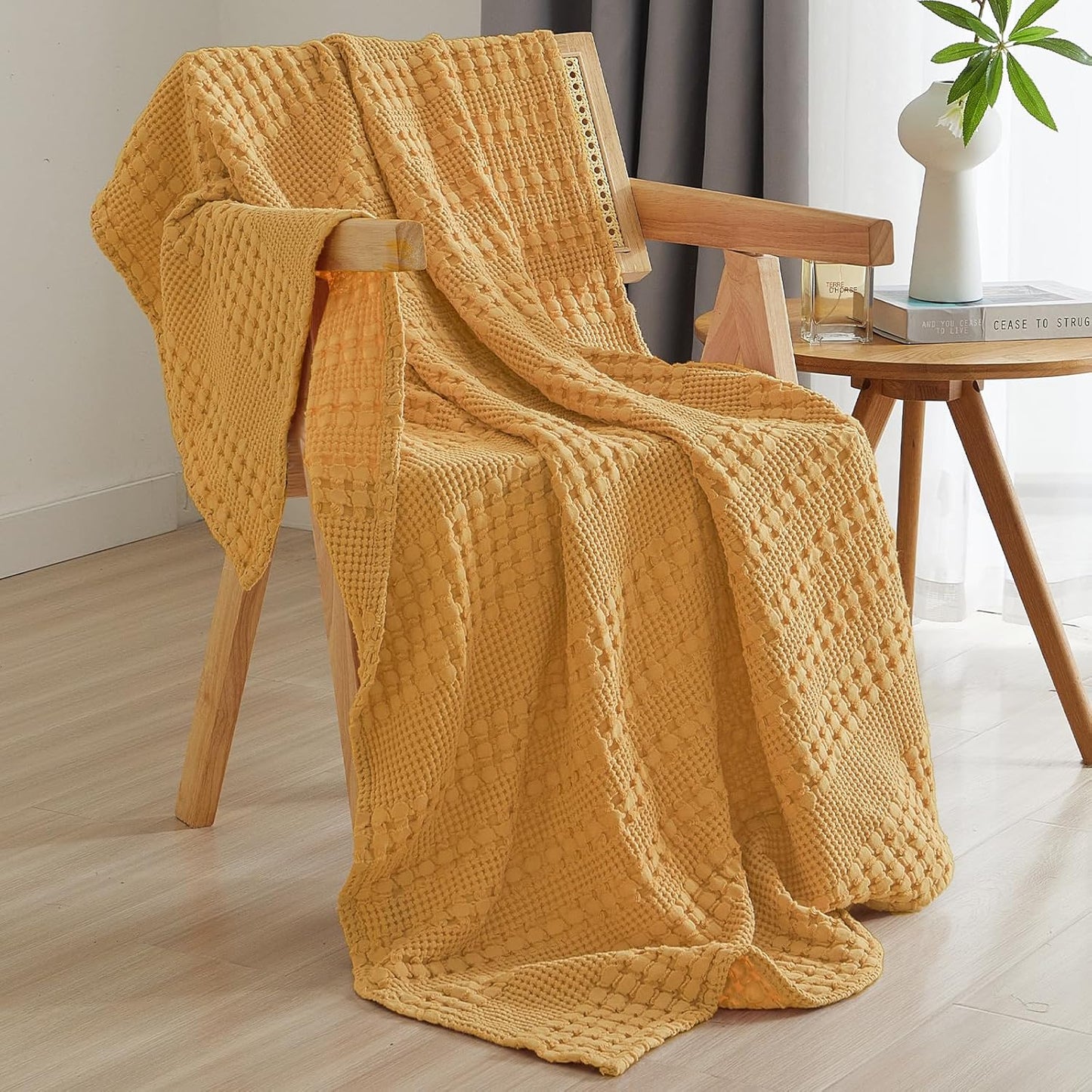 PHF 100% Cotton Waffle Weave Throw Blanket, Soft Lightweight Breathable Cozy Throws for Couch Bed Sofa, Luxury Aesthetic Woven Blanket for Home Decor & Office, 50"x60", Ginger/Honey Yellow