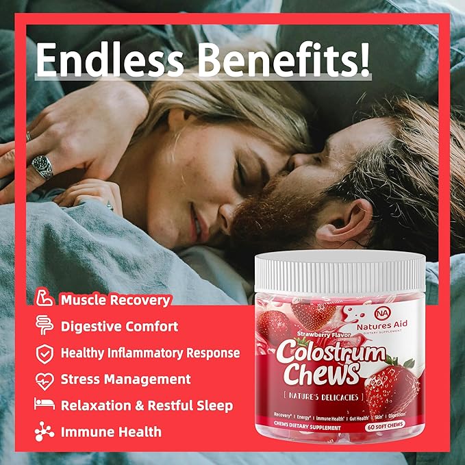 Colostrum Chews Supplement with probiotics for Gut Health, Bloating, Immune Support, Skin, Hair Growth and Beauty - Strawberry Flavor (60 Servings)