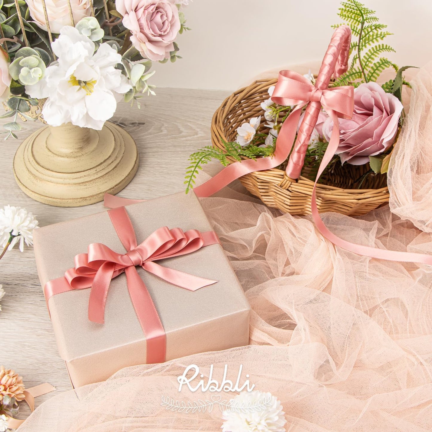 Ribbli Rose Gold Satin Ribbon 5/8 inch x Continuous 25 Yards,Double Faced Satin Use for Craft, Gift Wrapping, Christmas Ornaments, Hair Bows, Bouquet Bows