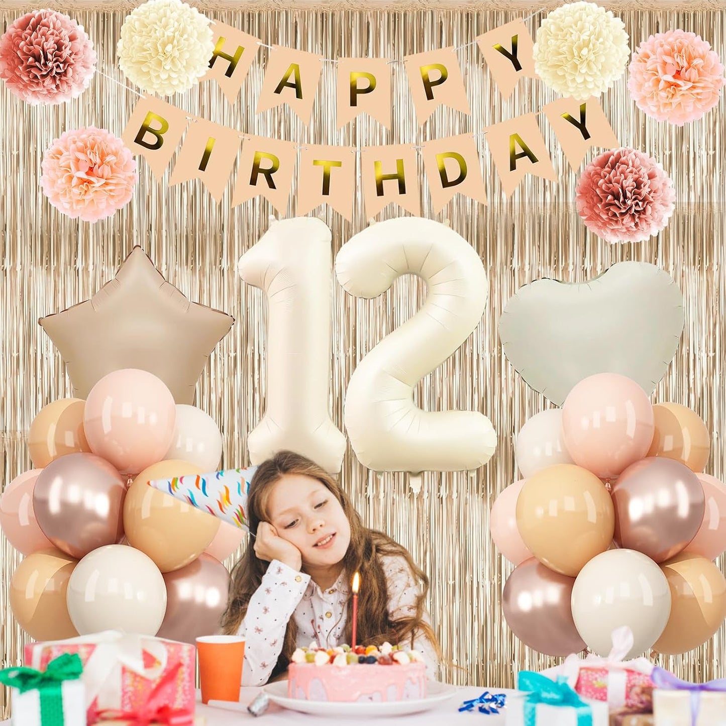 Beige 12th Birthday Decorations Girls Boys Cream Number 12 Balloon Nude Gold Happy Birthday Banner Fringe Curtain Paper Pom Poms Blush White Sand Champagne Star Foil Balloons Neutral Boho Party Decor