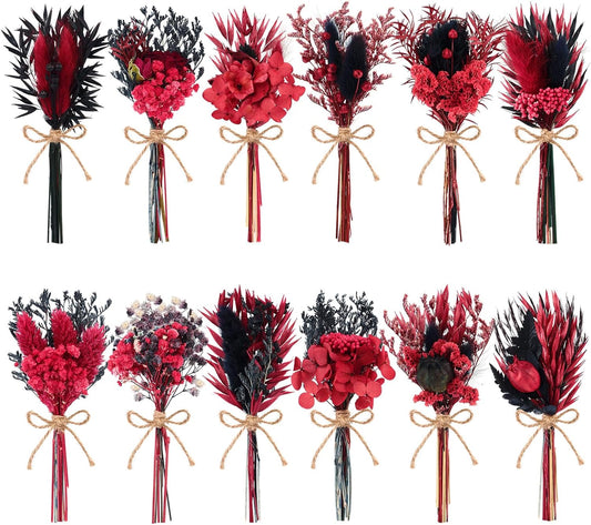 12/24 PCS Charming Dried Flowers Bouquet for Vase Various Dried Wildflowers with Stems Mini Handmade Wildflowers Natural Real Flowers Bulk Flowers Craft (Black and Red, 12PCS)