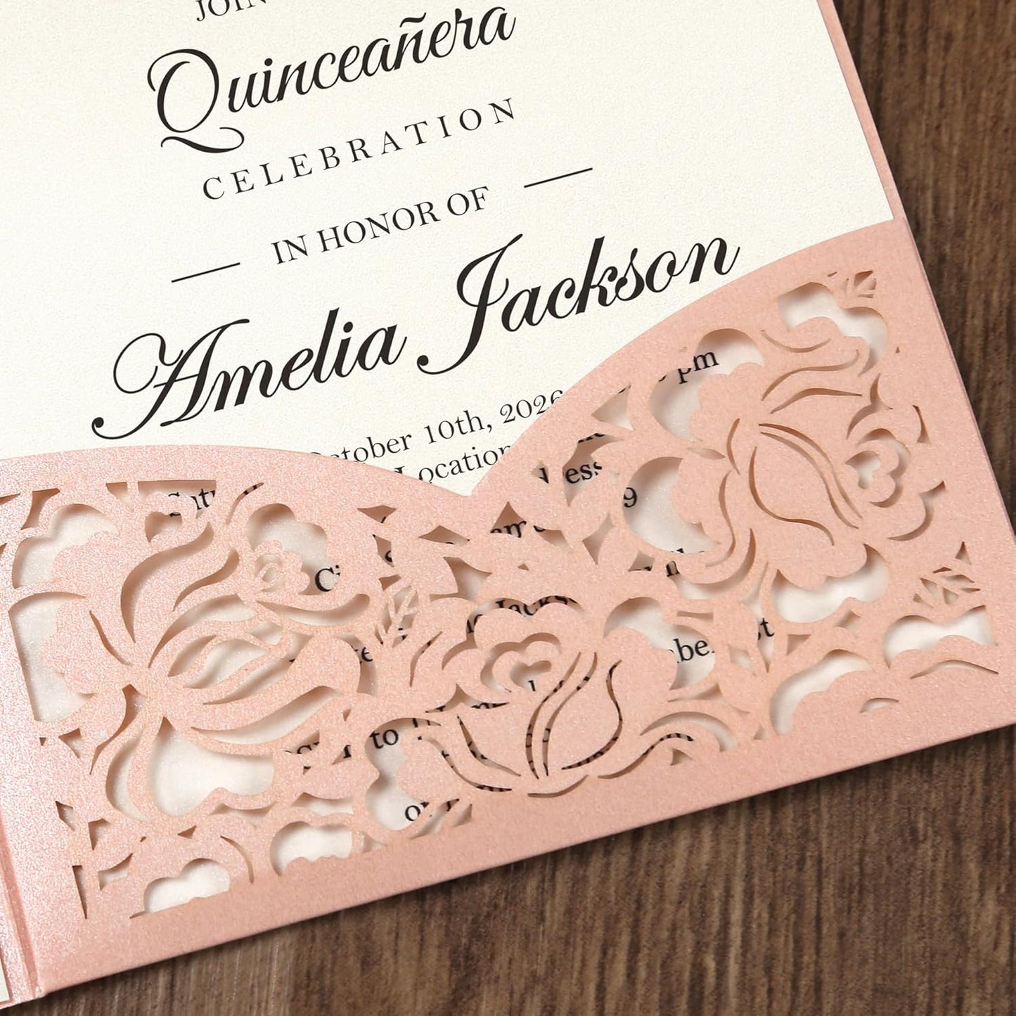 DORIS HOME 50pcs Laser Cut Quinceanera Invitation Pockets with Envelopes Pink, 5.12" x 7.12"Invitation Cards for BirthdayMiss 15, Sweet 16 (No Inserts Included)