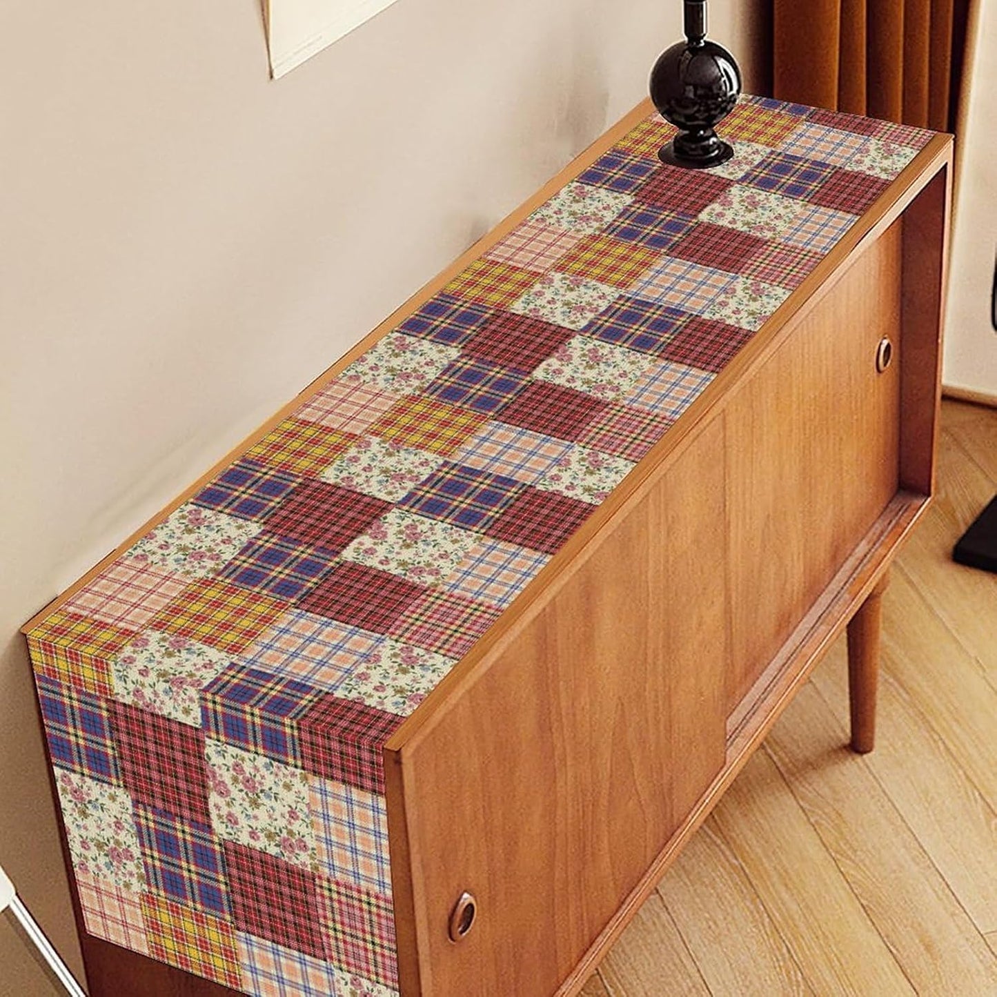 Patchwork Table Runner, Boho Vintage Floral Checkered Plaid Bohemian Paisley Flower Farmhouse Table Center Decor for Home Kitchen Dining Patio Holiday Party Indoor Table Decorations, 13"x90" Inch