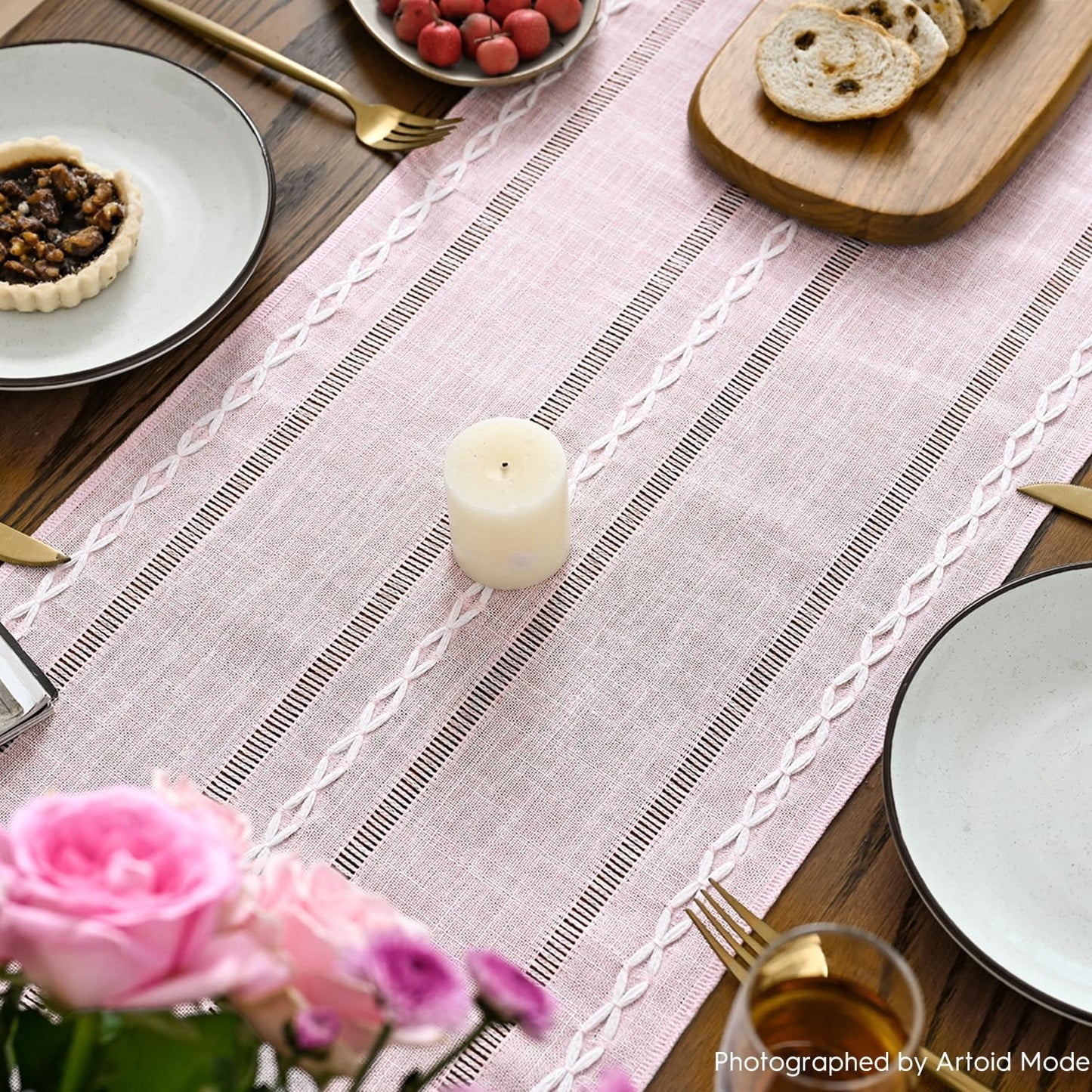 Artoid Mode Pink Rustic Cotton Linen Table Runner, Seasonal Embroidered Hollow Kitchen Dining Table Decoration for Home Party Decor 13x90 Inch