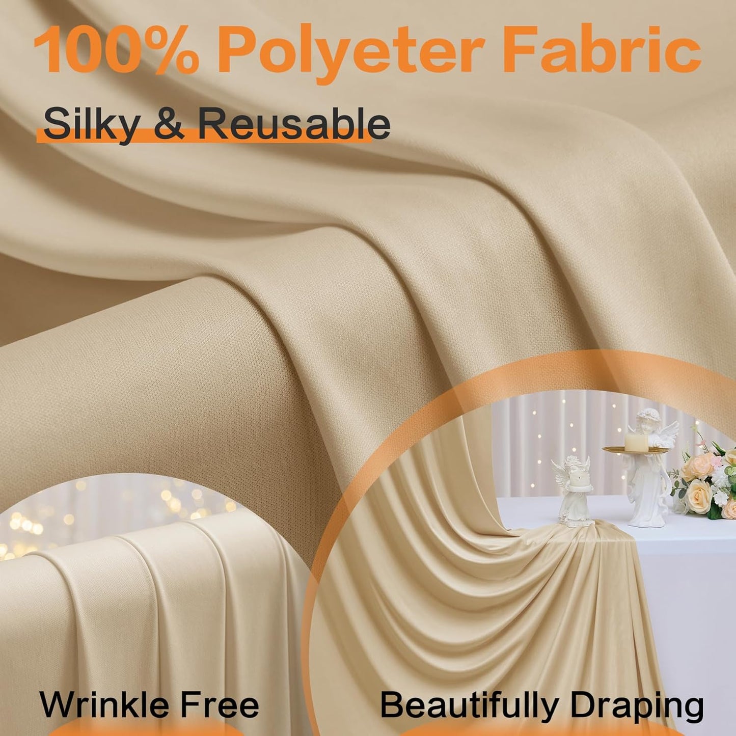 40×12 ft Wrinkle Free Beige Backdrop Curtain for Weddings Parties, 8 Panels 12ft Silky Polyester Wedding Drapes Backdrop Photo Back Drop Cloth for Birthday Baby Shower Photography Backgrounds